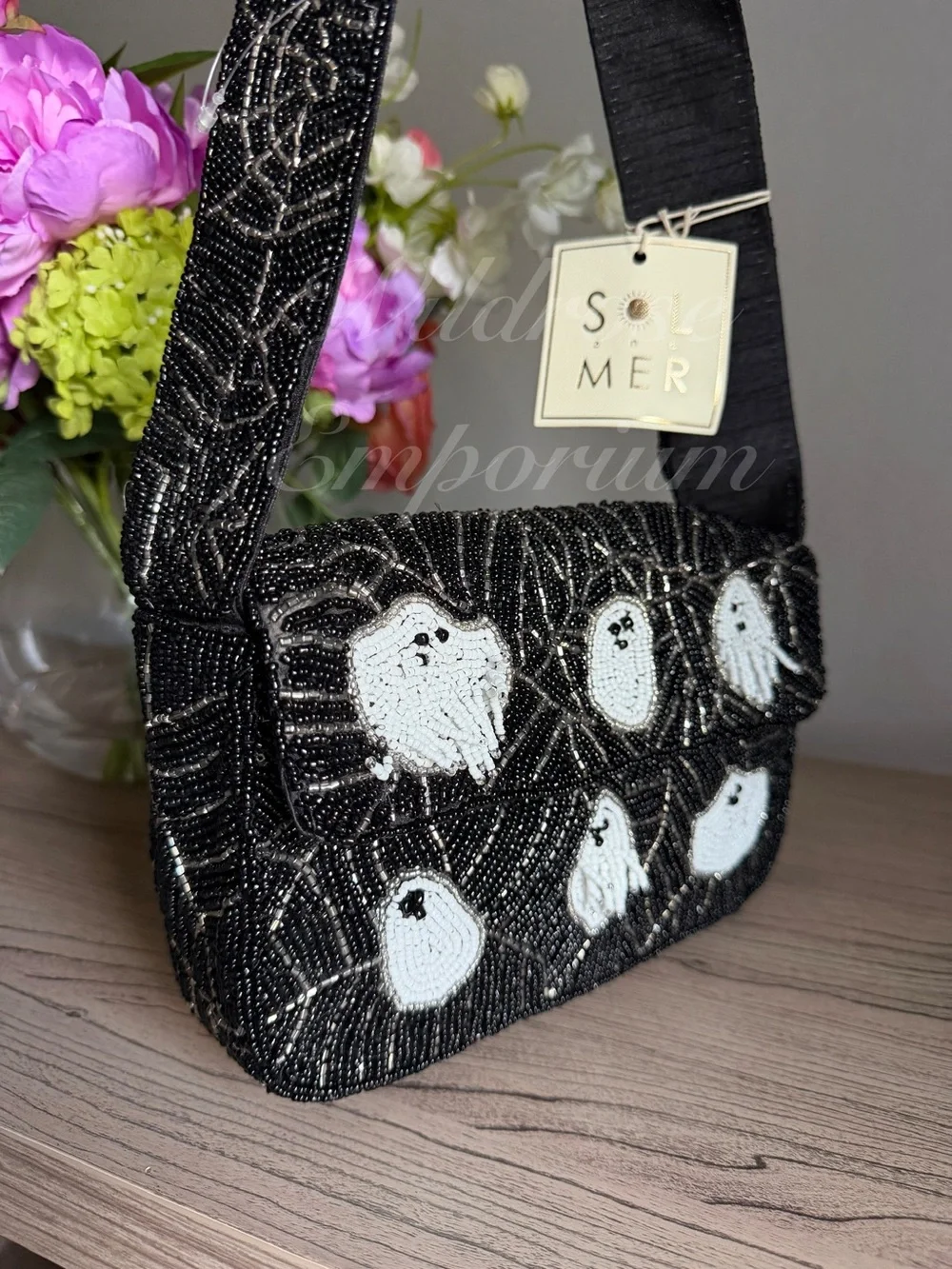 Viral Black Beaded Ghost Motif Halloween spider web Shoulder Bag sol & mer